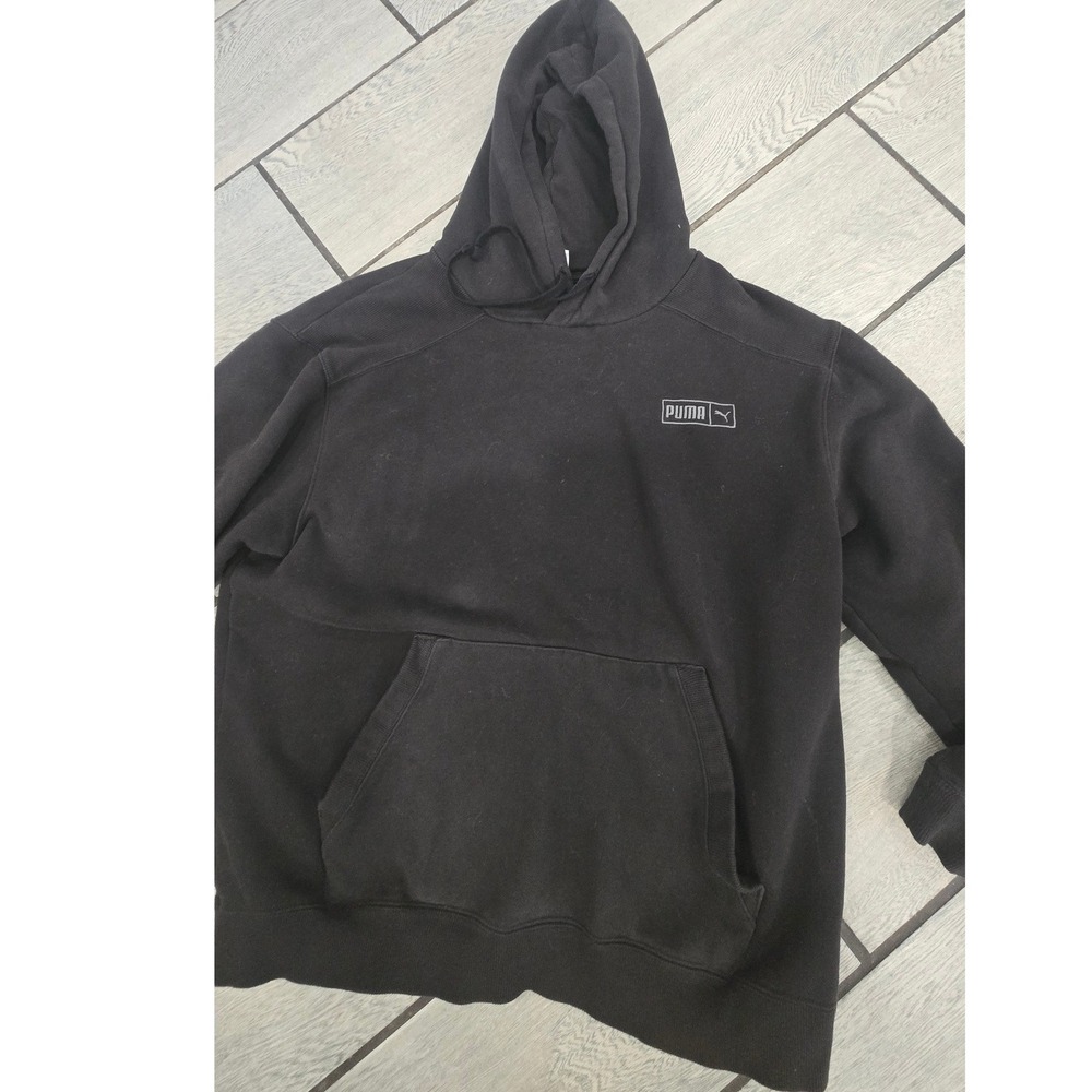 Puma Mens Essentials Fleece Hoodie Black Logo Pullover Sweatshirt Size Large